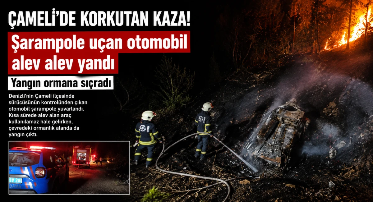 &Ccedil;ameli&rsquo;de Korkutan Kaza! Şarampole U&ccedil;an Otomobil Alev Alev Yandı, Yangın Ormana Sı&ccedil;radı