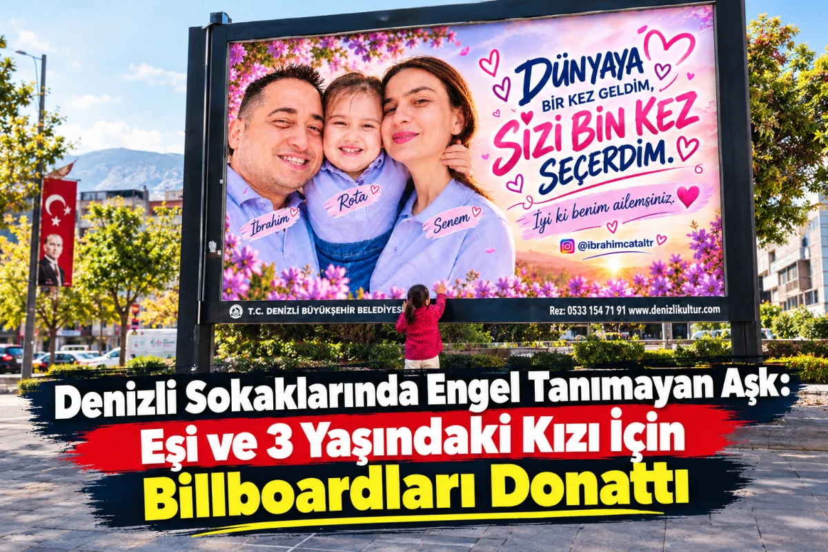 Denizli Sokaklarında Engel Tanımayan Aşk: Eşi ve 3 Yaşındaki Kızı İ&ccedil;in Billboardları Donattı