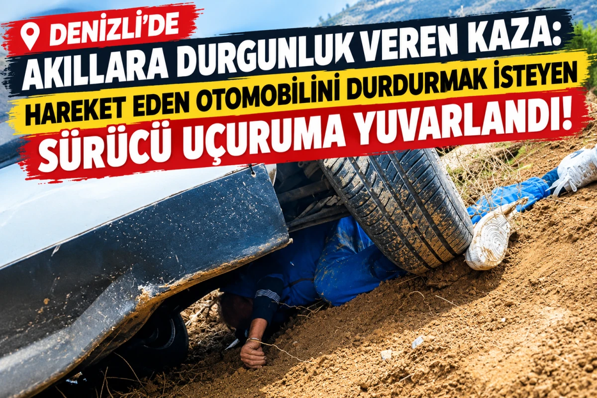 Denizli&rsquo;de Akıllara Durgunluk Veren Kaza: Hareket Eden Otomobilini Durdurmak İsteyen S&uuml;r&uuml;c&uuml; U&ccedil;uruma Yuvarlandı!