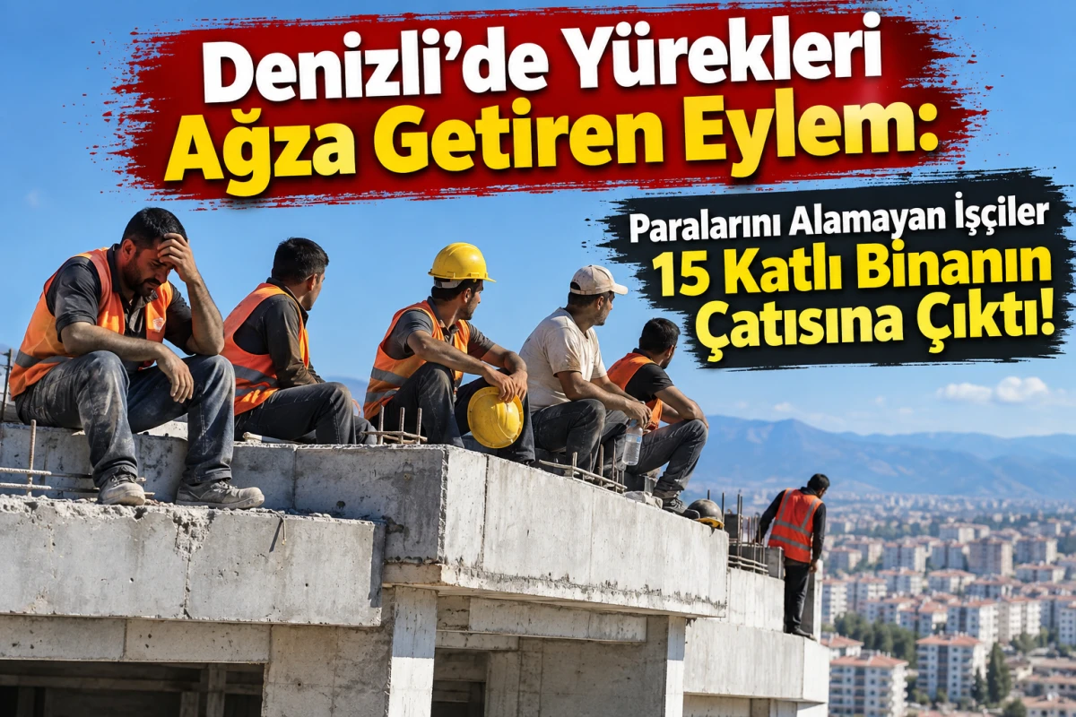 Denizli&rsquo;de Y&uuml;rekleri Ağza Getiren Eylem: Paralarını Alamayan İş&ccedil;iler 15 Katlı Binanın &Ccedil;atısına &Ccedil;ıktı!